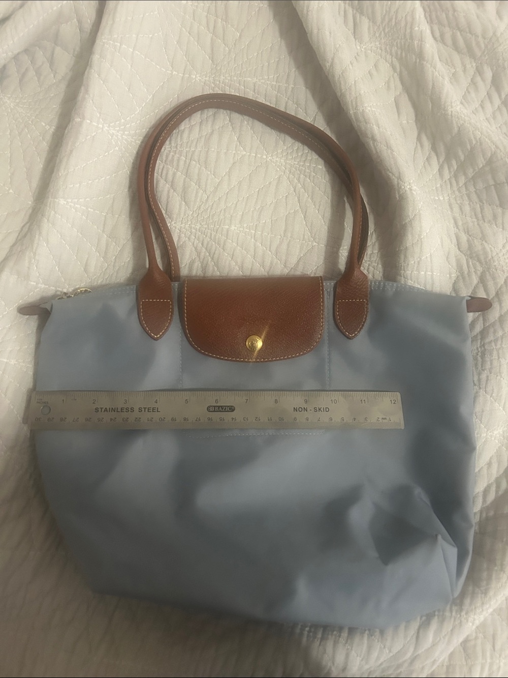 Longchamp Light Blue Nylon Tote with Brown Leather Trim - Picture 12 of 16